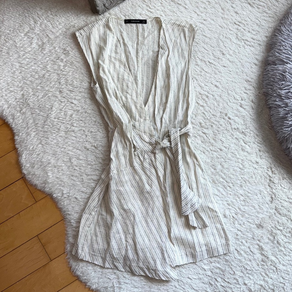 Zara Wrap Linen Romper Dress Beige Natural XS Mini
